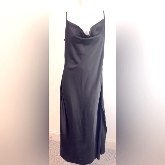 Stradivarius Women’s Black Satin Slip Dress Large Side Slit Sexy - Picture 1 of 5